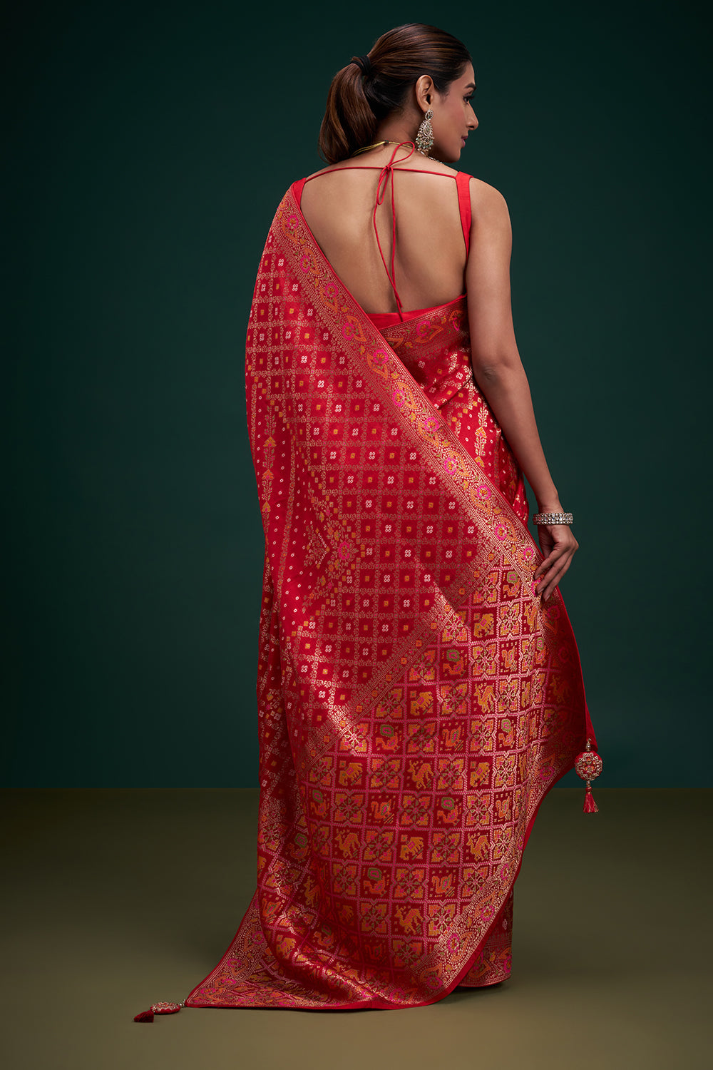 Red Banarasi Silk Patola Print Saree with Unstitched Blouse