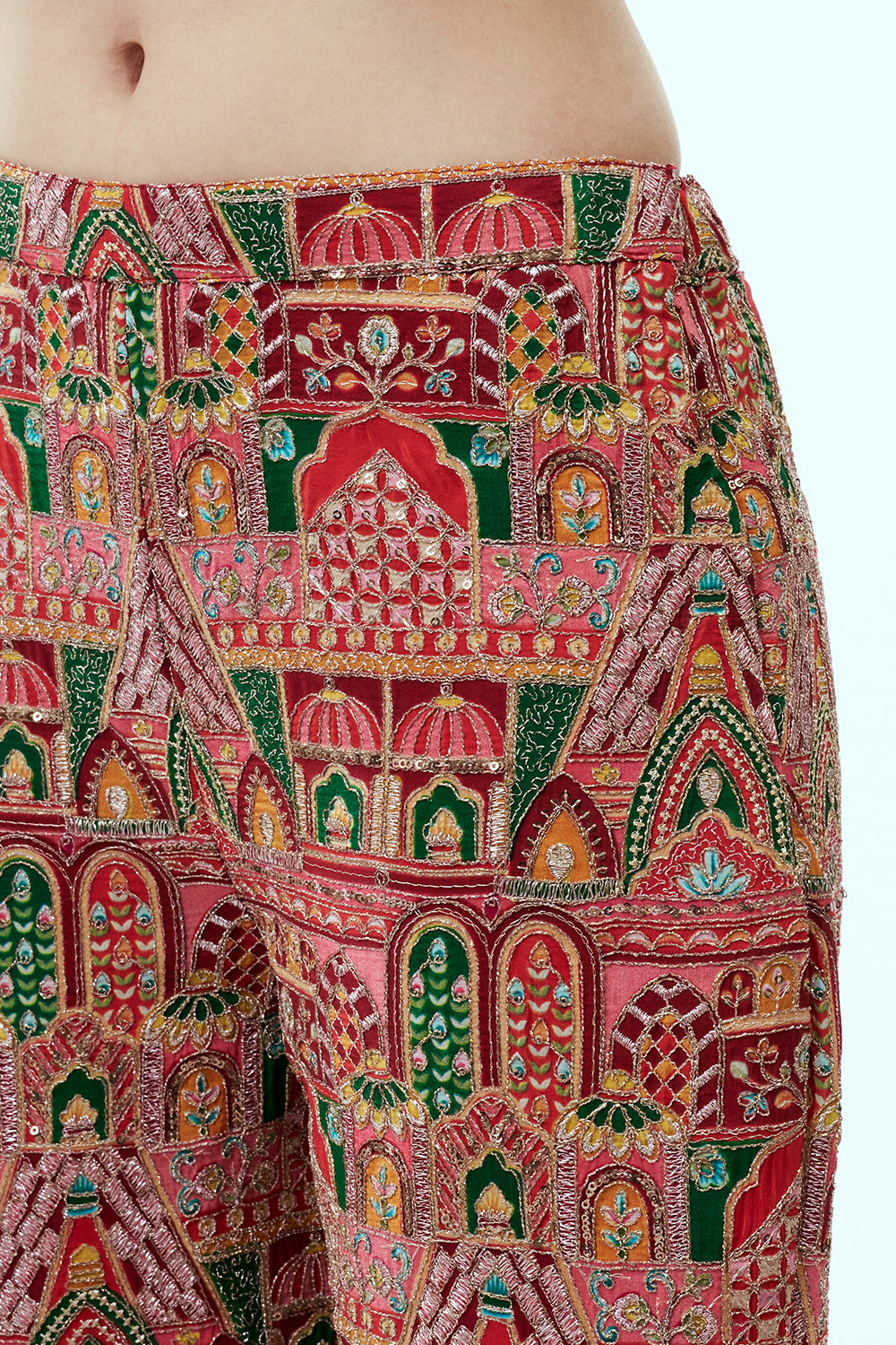 Red Crepe Silk Palazzo Set with Mughal-Inspired Motifs