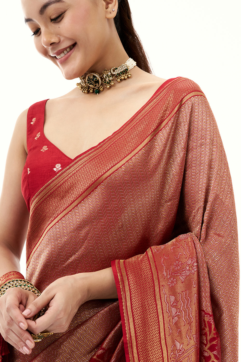 Red Jacquard Silk Woven Saree with with Nature Inspired Motifs