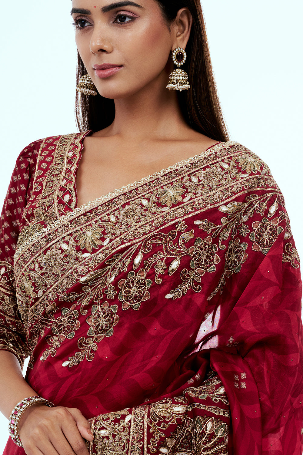 Red Organza Printed Saree with Zari Embroidery