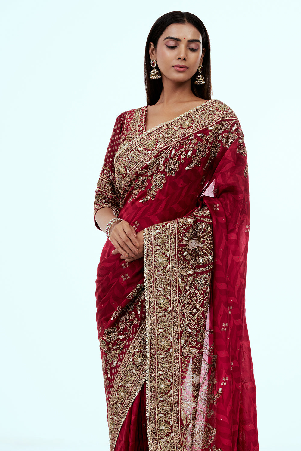 Red Organza Printed Saree with Zari Embroidery