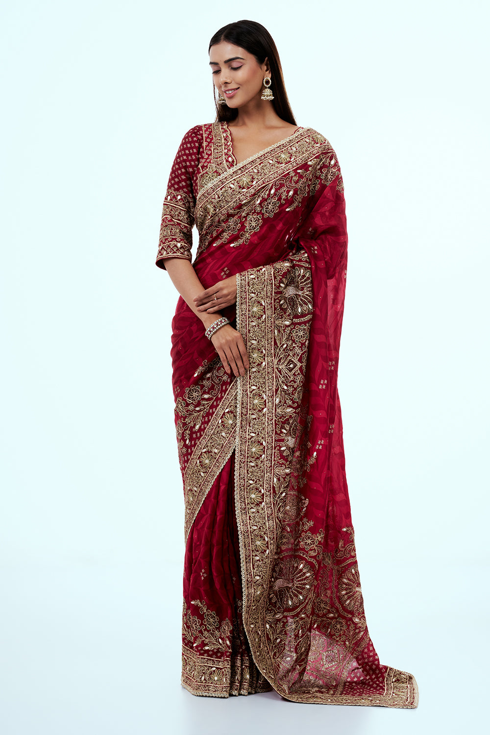 Red Organza Printed Saree with Zari Embroidery