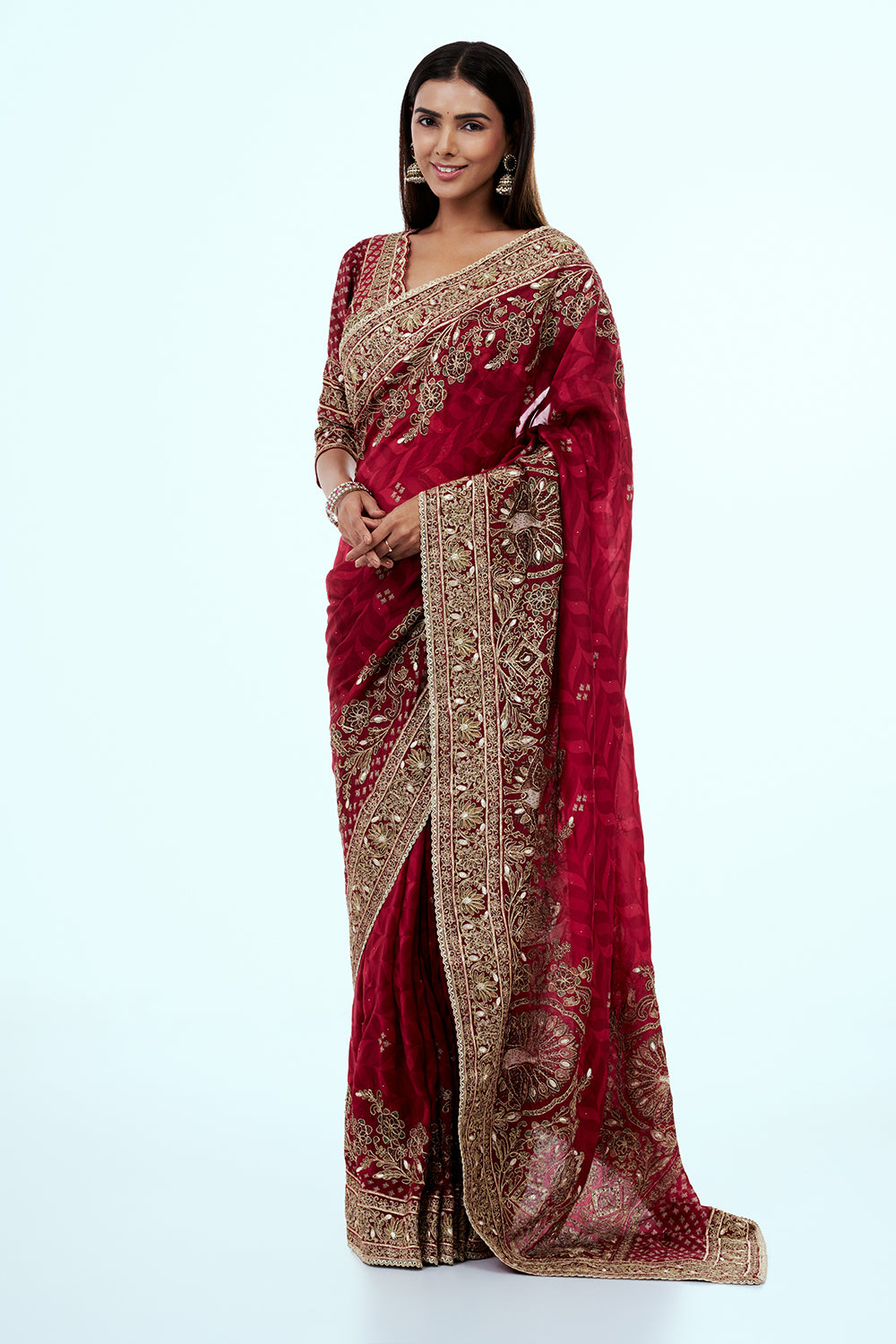 Red Organza Printed Saree with Zari Embroidery