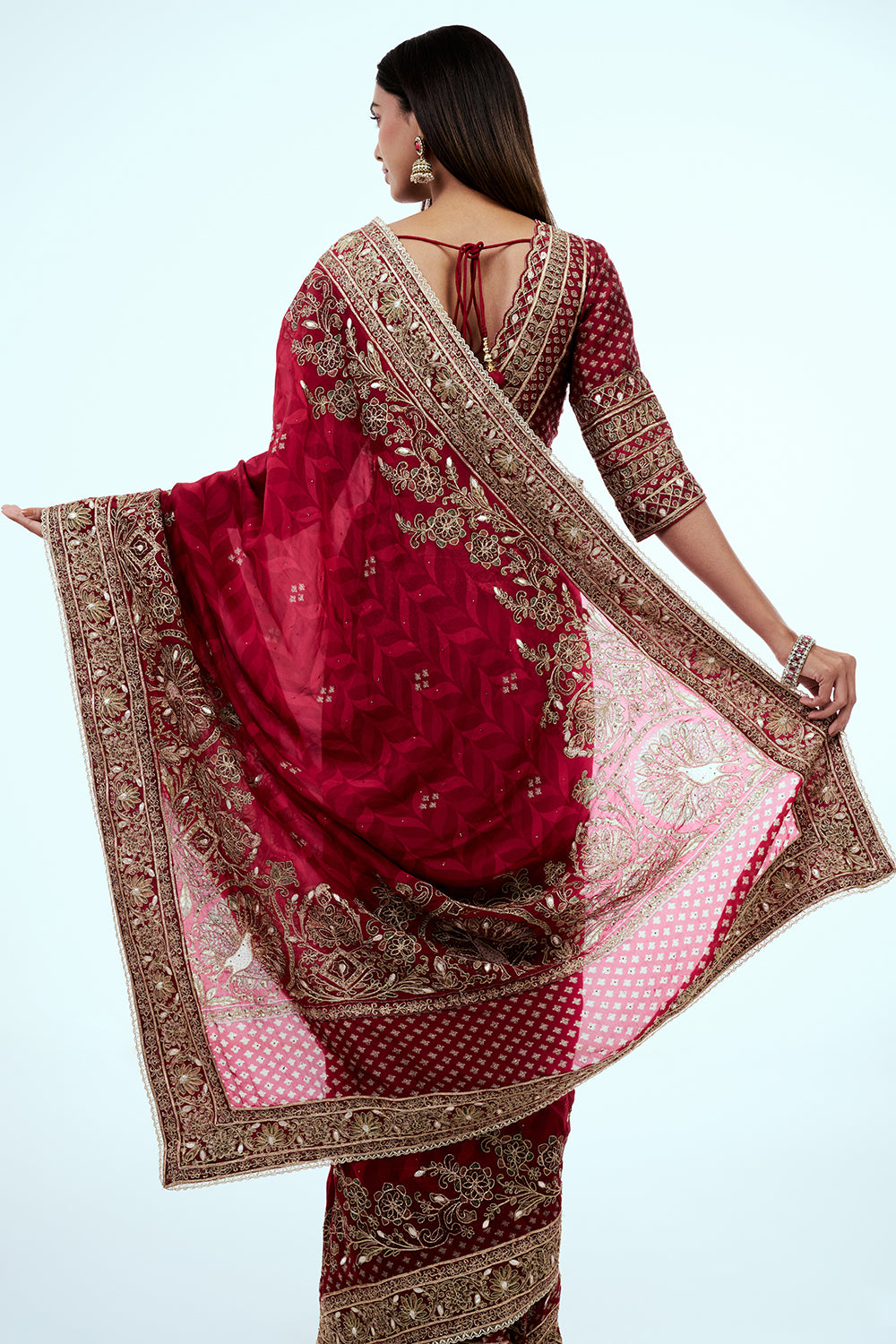 Red Organza Printed Saree with Zari Embroidery