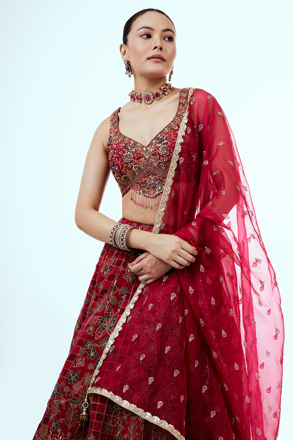 Red Printed Art Silk Lehenga with Zari Embroidery