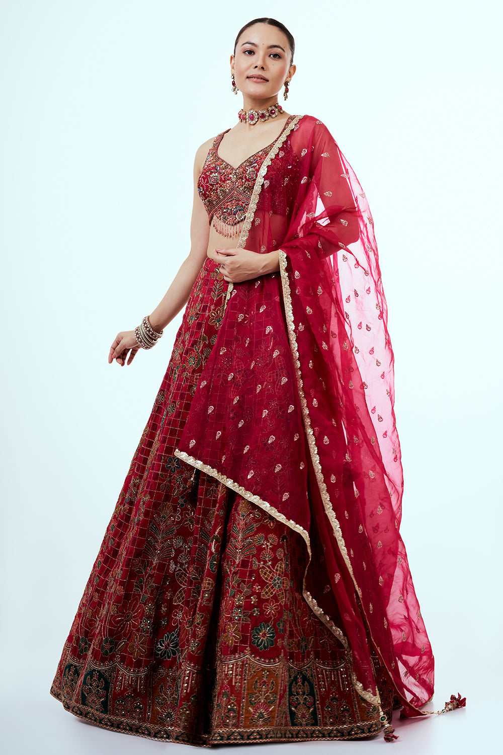 Red Printed Art Silk Lehenga with Zari Embroidery