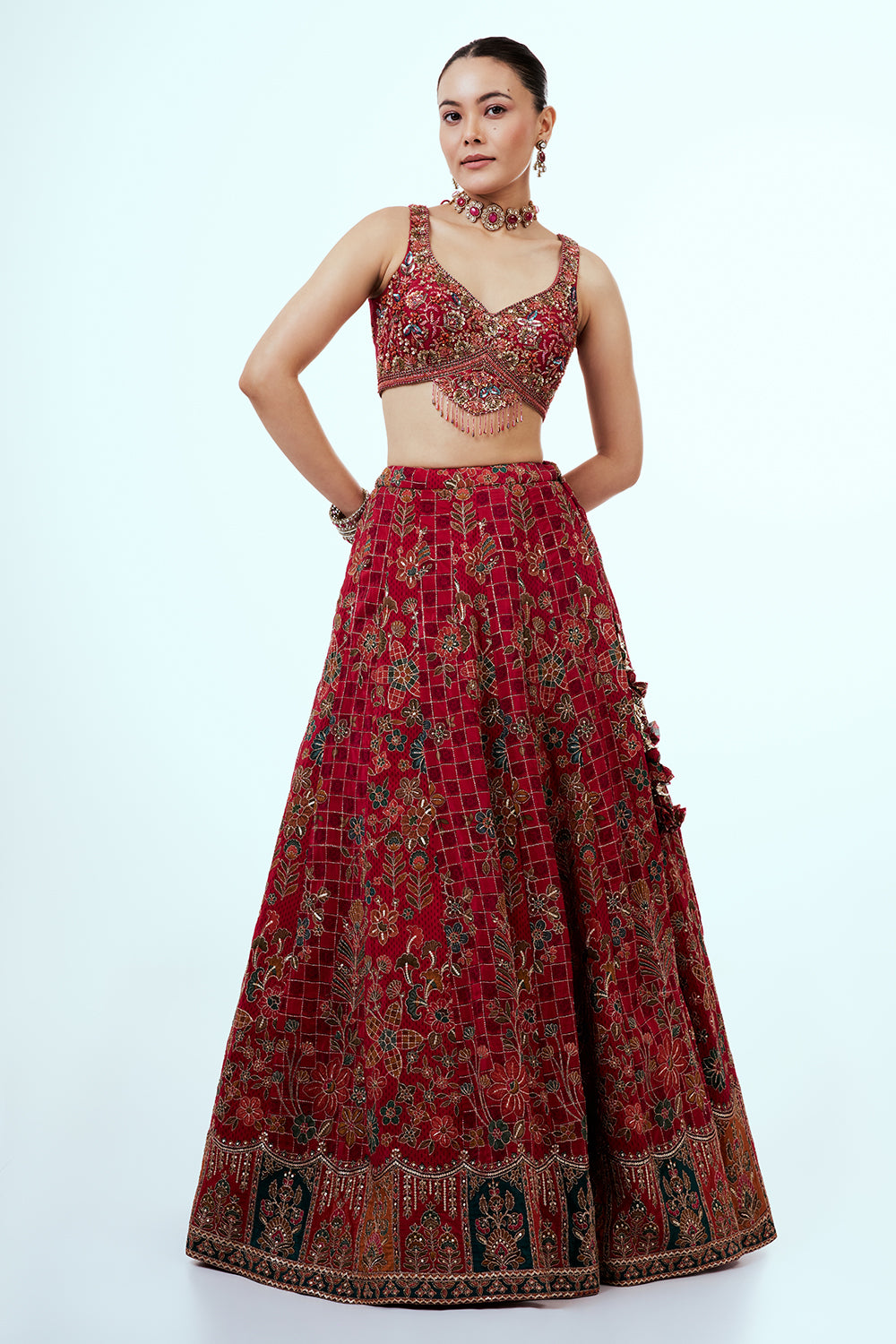 Red Printed Art Silk Lehenga with Zari Embroidery