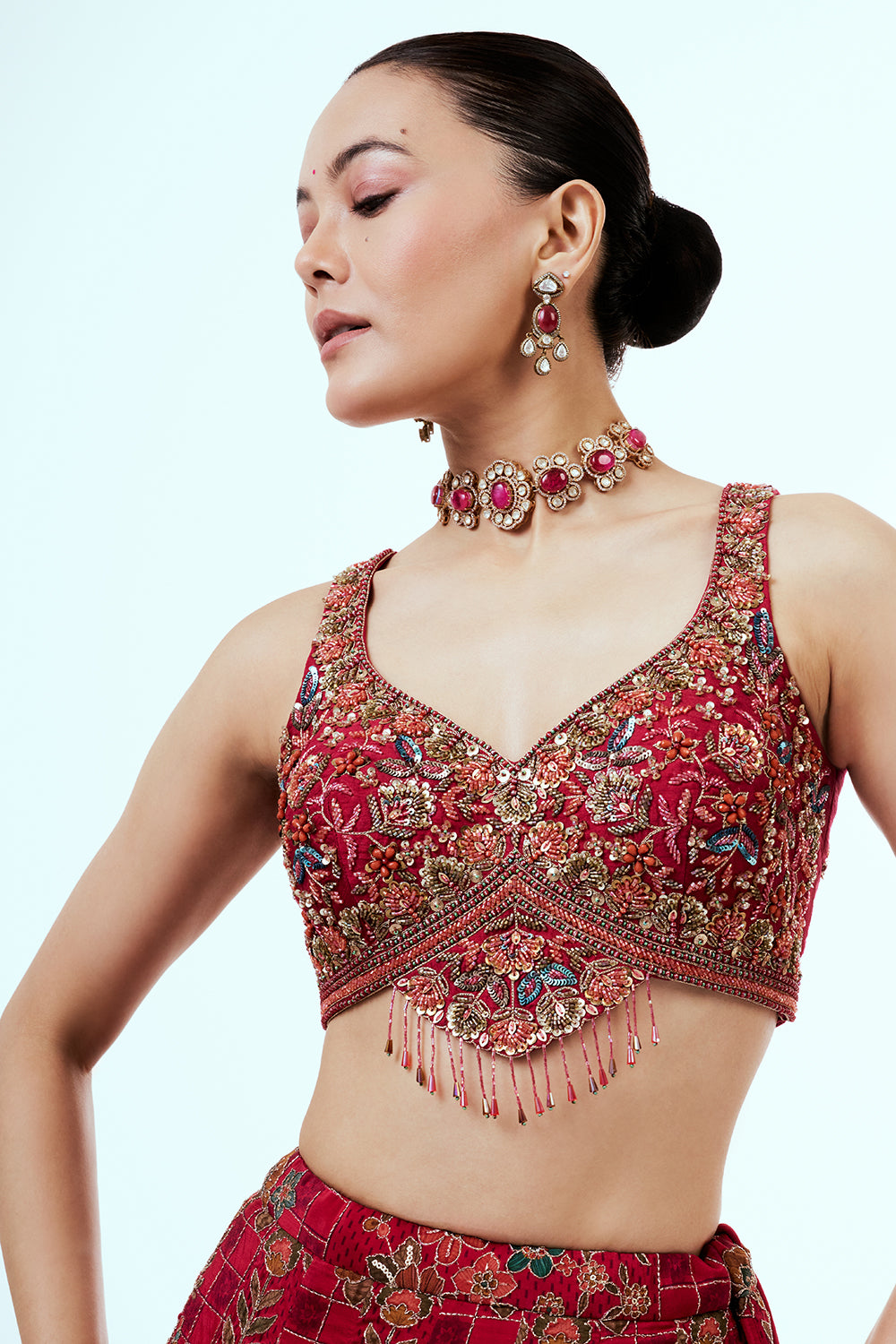 Red Printed Art Silk Lehenga with Zari Embroidery