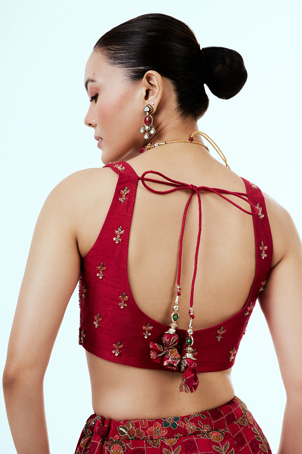 Red Printed Art Silk Lehenga with Zari Embroidery