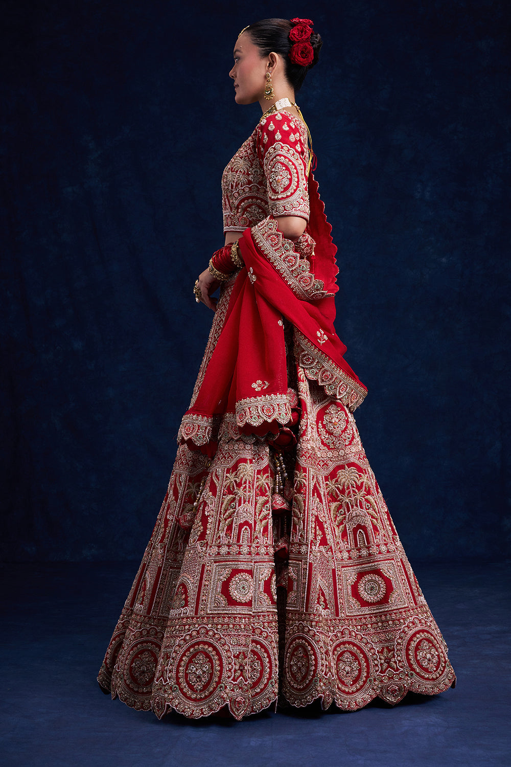 Red Raw Silk Bridal Lehenga with Cutdana and French Knot Work