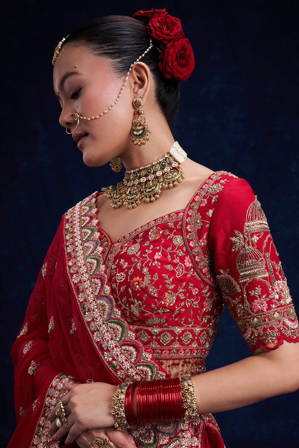 Red Raw Silk Bridal Lehenga with Pearl and Cutdana Work