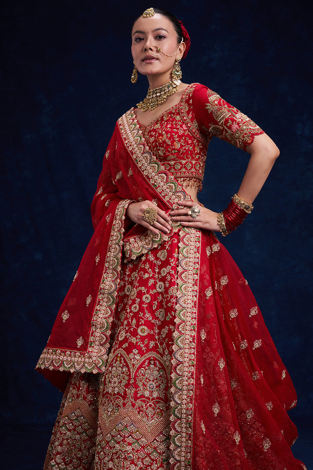 Red Raw Silk Bridal Lehenga with Pearl and Cutdana Work