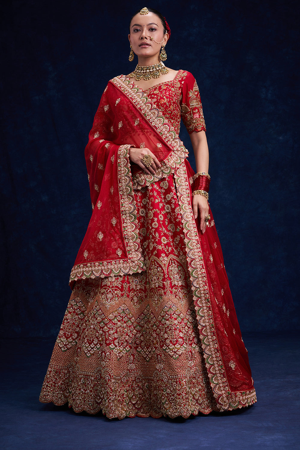Red Raw Silk Bridal Lehenga with Pearl and Cutdana Work