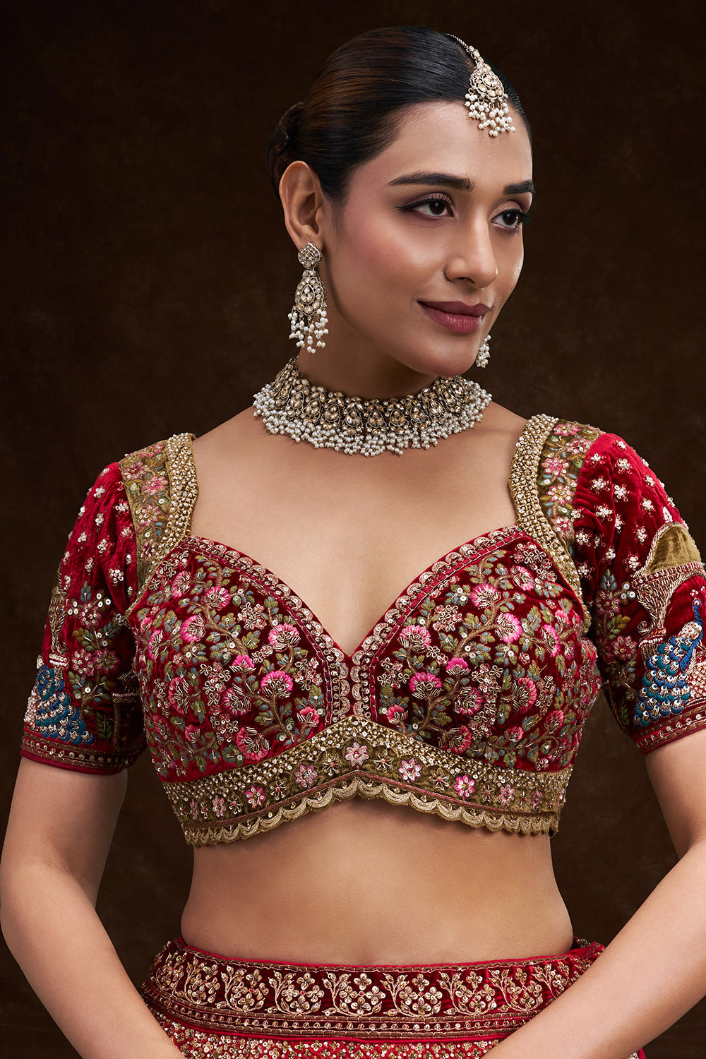 Red Raw Silk Bridal Lehenga with Royal Garden Zardozi Work and Velvet Blouse