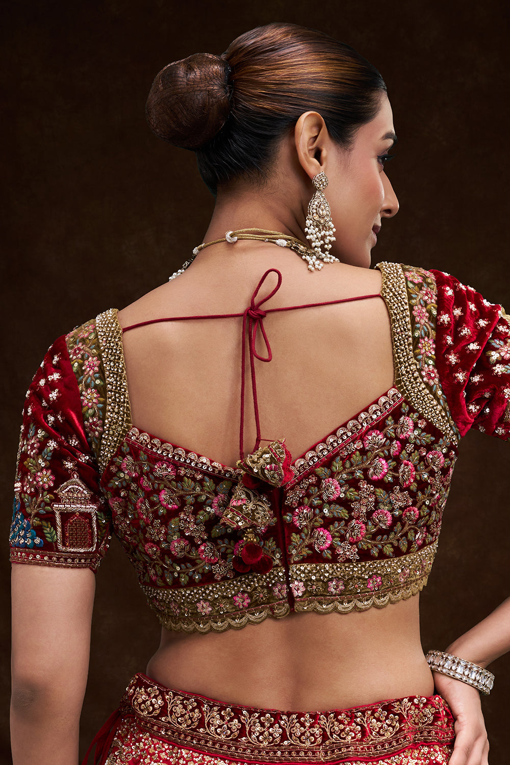 Red Raw Silk Bridal Lehenga with Royal Garden Zardozi Work and Velvet Blouse