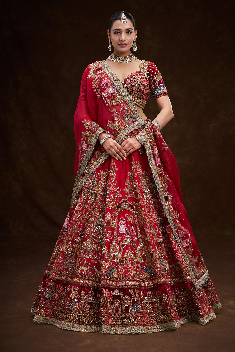 Red Raw Silk Bridal Lehenga with Royal Garden Zardozi Work and Velvet Blouse