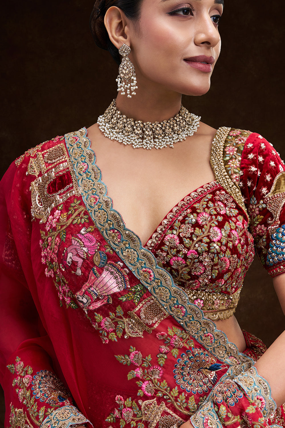 Red Raw Silk Bridal Lehenga with Royal Garden Zardozi Work and Velvet Blouse