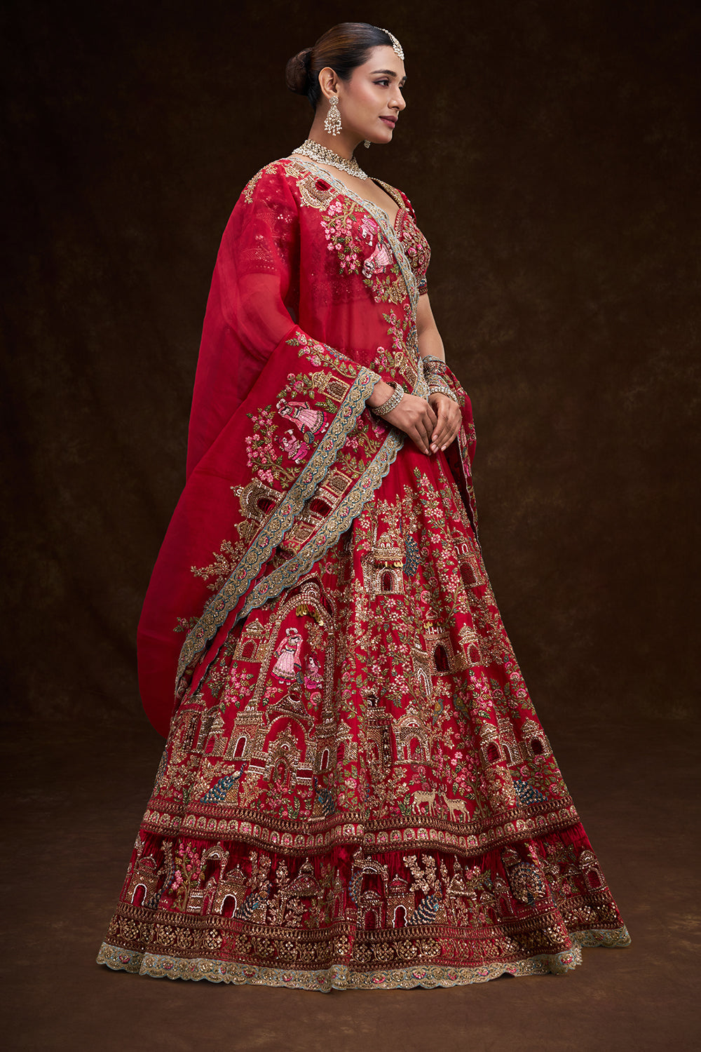 Red Raw Silk Bridal Lehenga with Royal Garden Zardozi Work and Velvet Blouse
