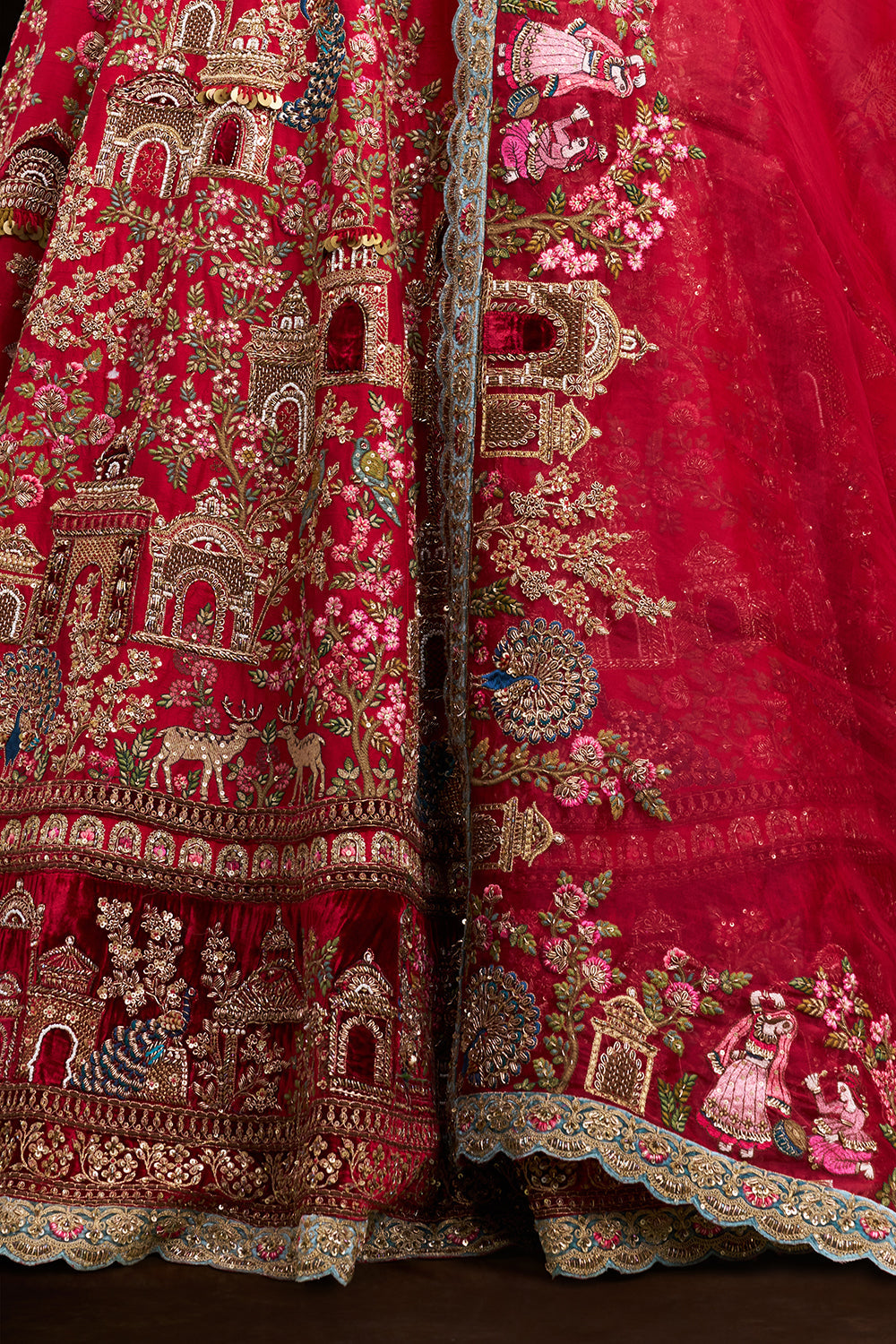 Red Raw Silk Bridal Lehenga with Royal Garden Zardozi Work and Velvet Blouse