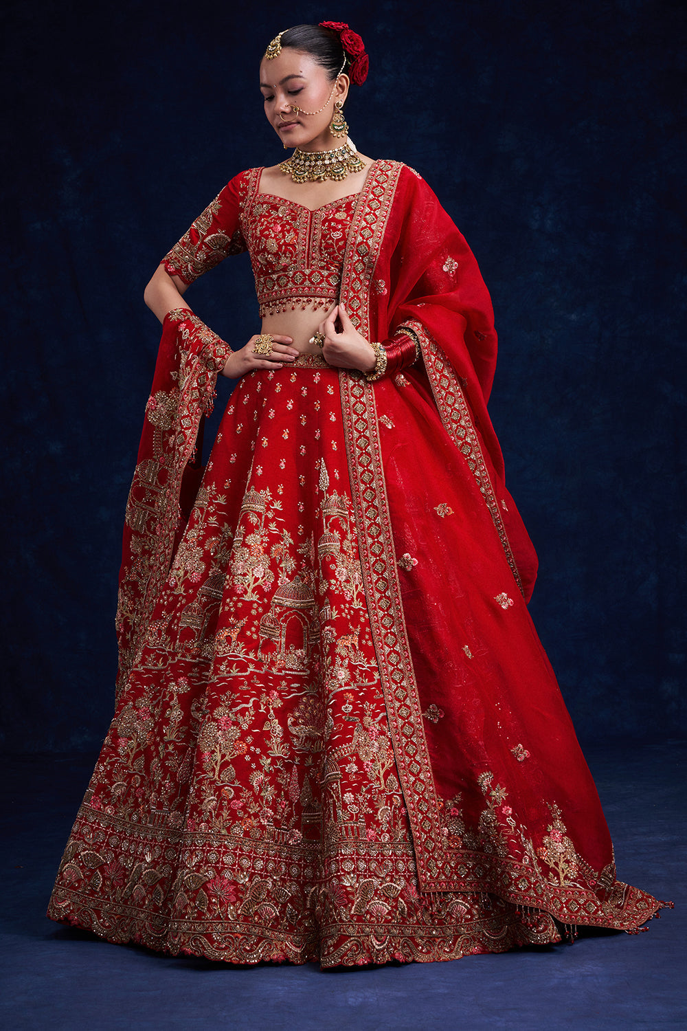 Red Raw Silk Bridal Lehenga with Sequins and Resham Work
