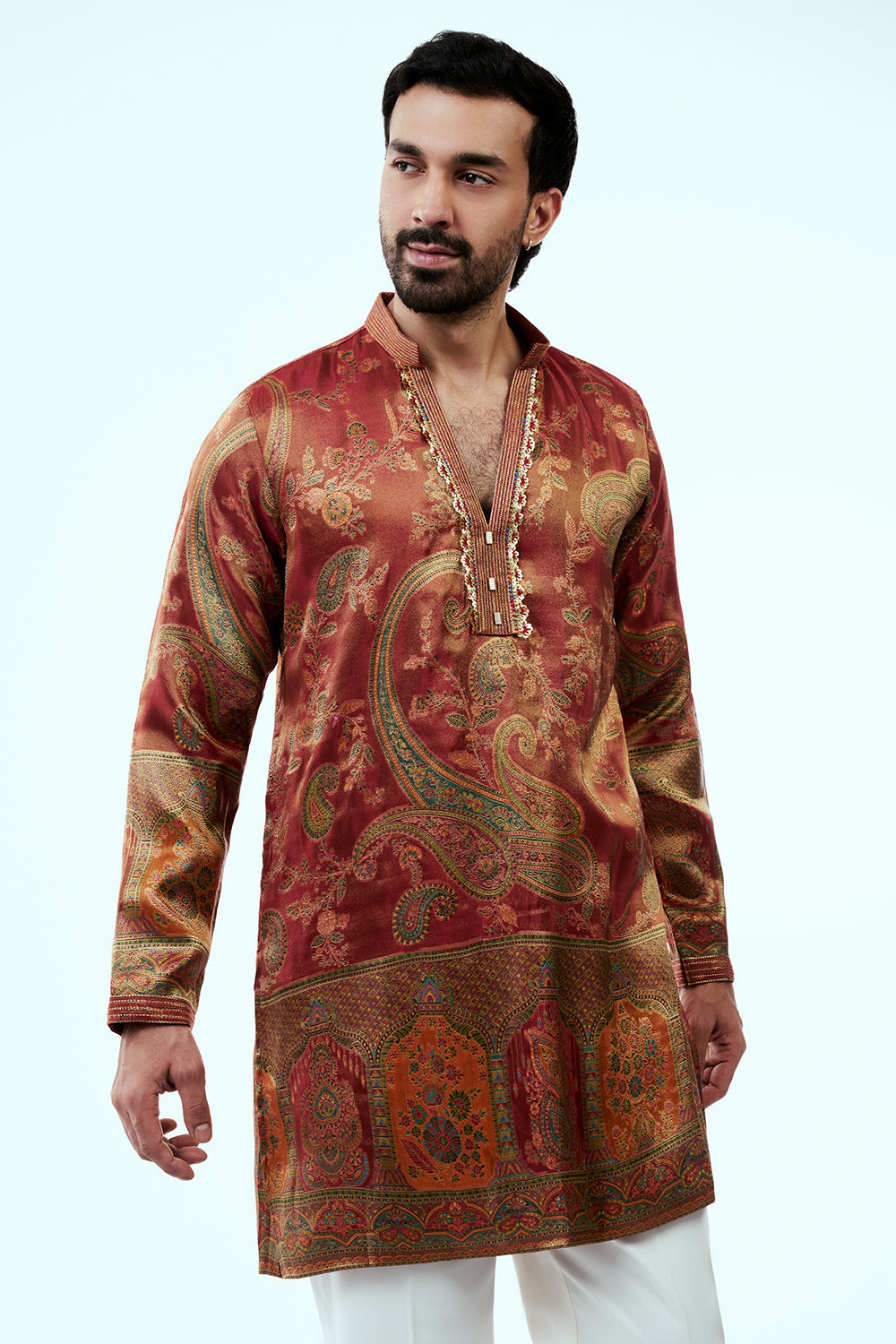 Red Shimmer Silk Mens Kurta Set with Traditional Intricate Handiwork