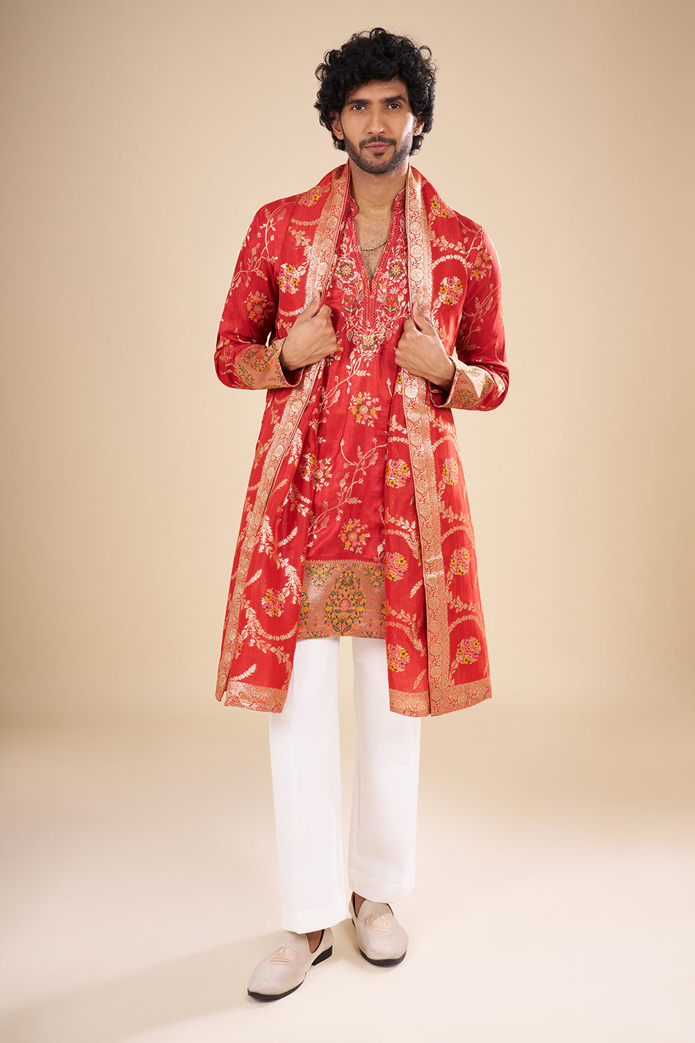 Red Banarasi Silk Kurta Set with Woven Zari Accents