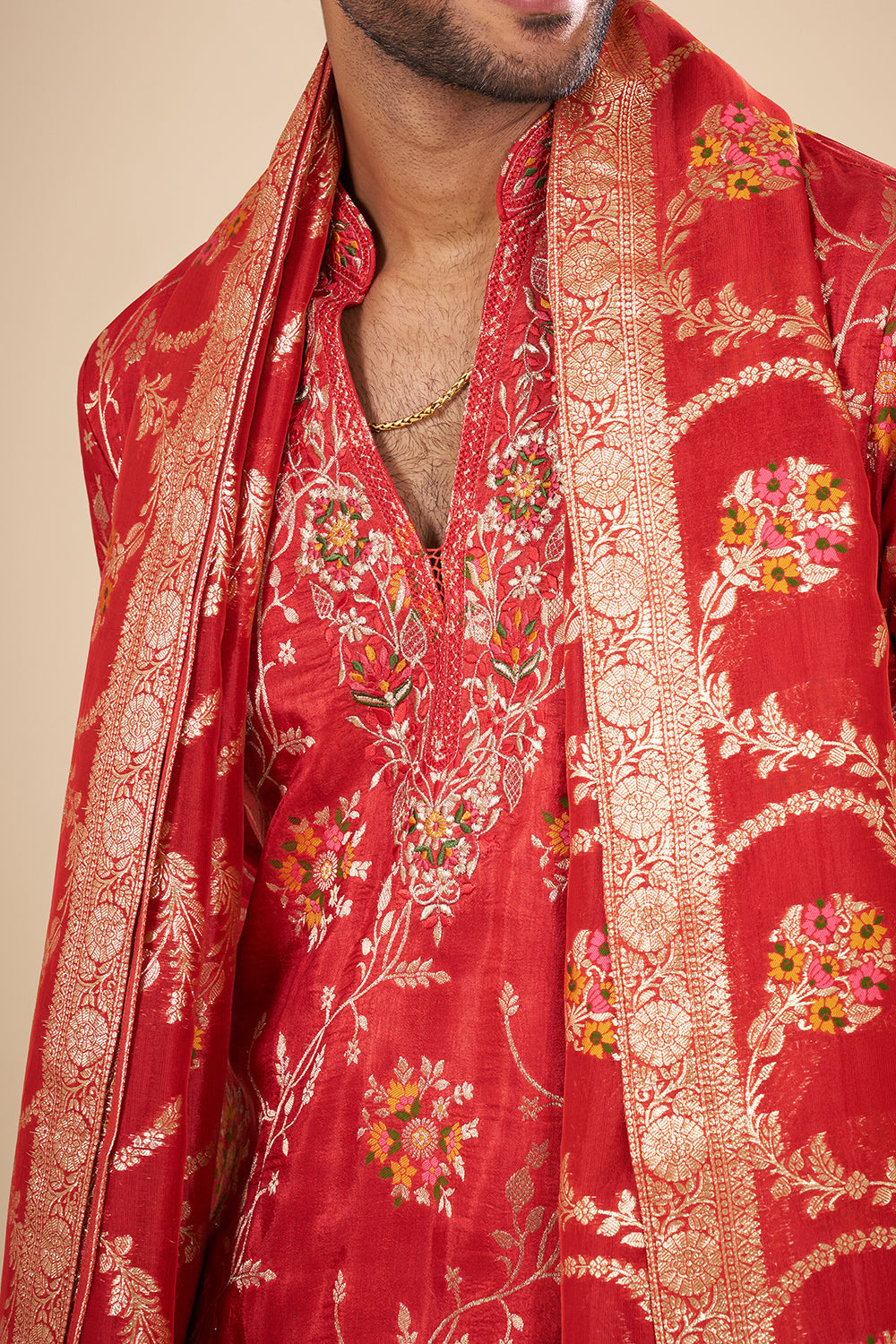 Red Banarasi Silk Kurta Set with Woven Zari Accents