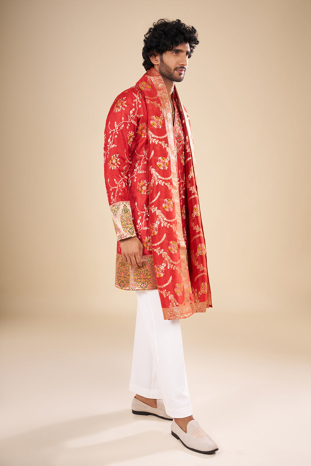 Red Banarasi Silk Kurta Set with Woven Zari Accents