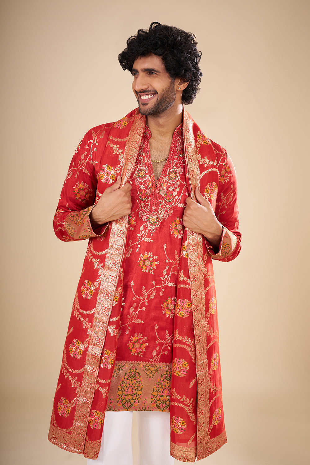 Red Banarasi Silk Kurta Set with Woven Zari Accents