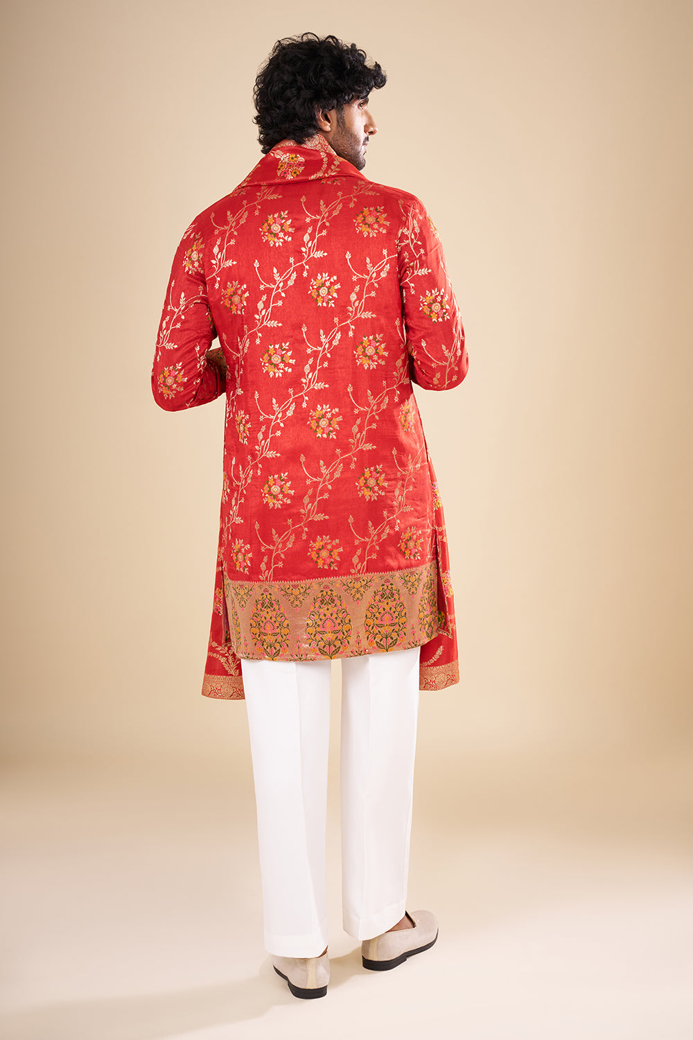 Red Banarasi Silk Kurta Set with Woven Zari Accents