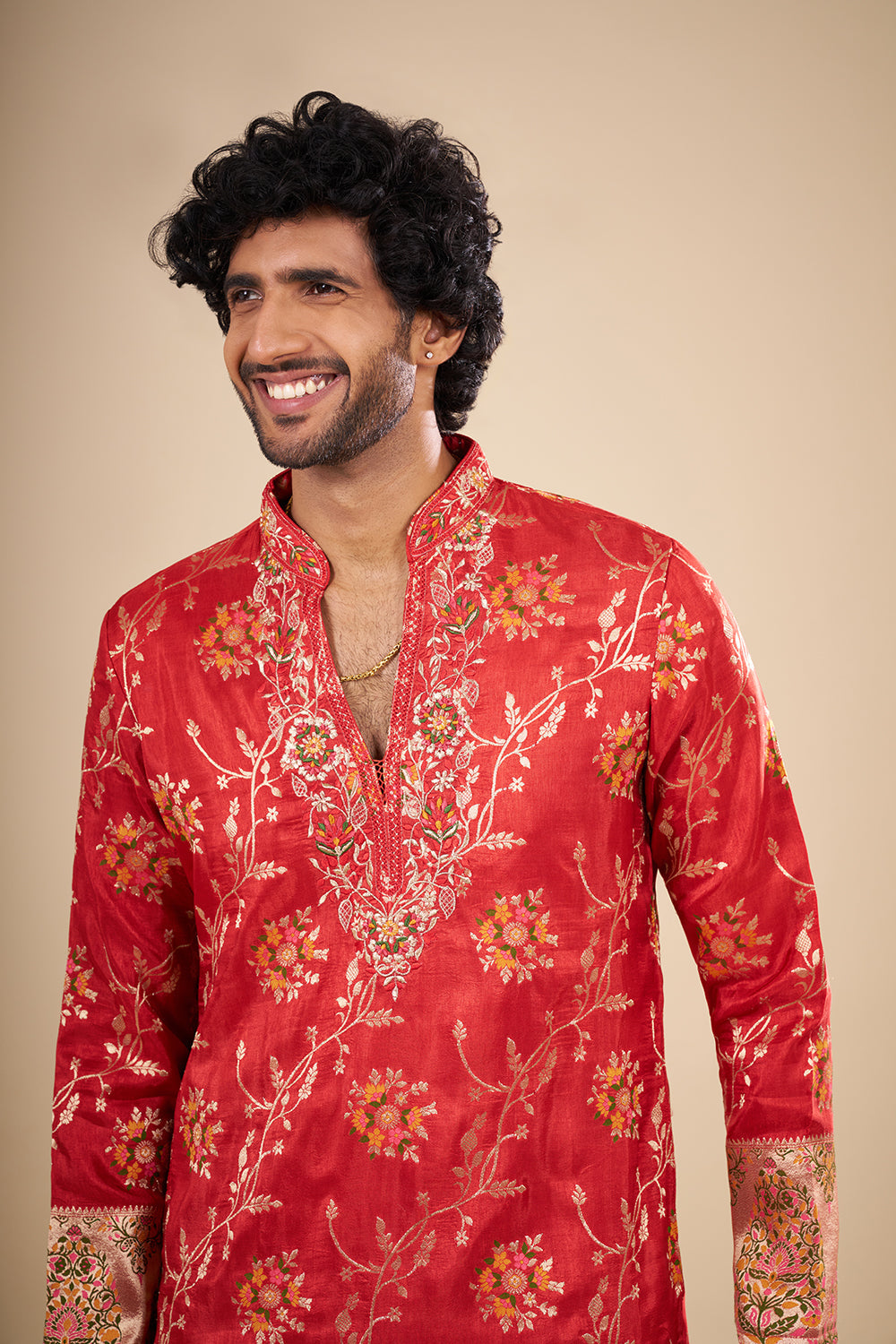 Red Banarasi Silk Kurta Set with Woven Zari Accents