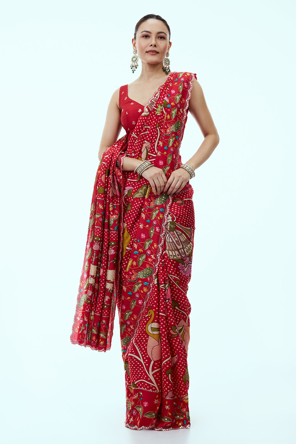 Red Crepe Bandhani Saree with Nature Inspired Motifs