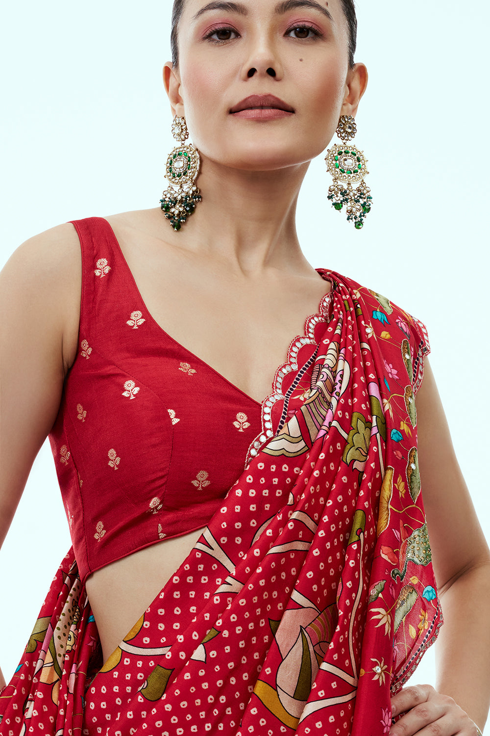 Red Crepe Bandhani Saree with Nature Inspired Motifs