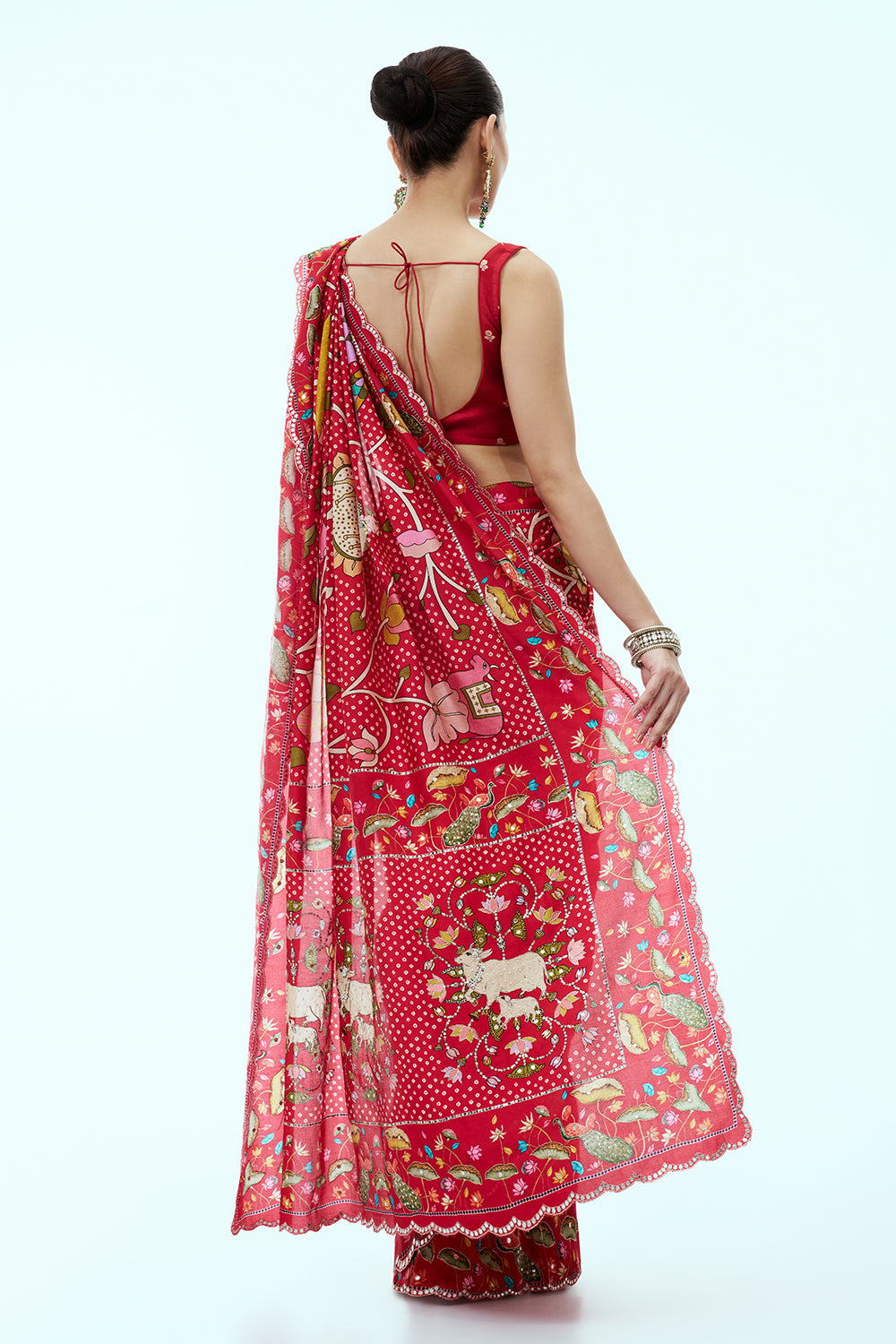 Red Crepe Bandhani Saree with Nature Inspired Motifs