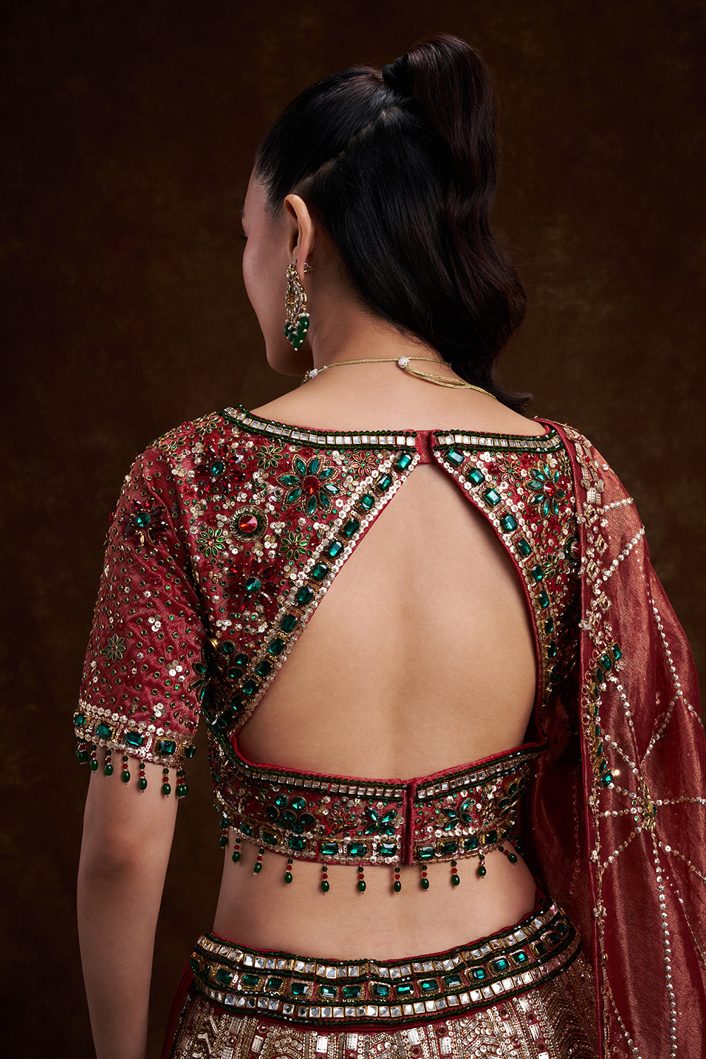 Red Tissue Silk Bridal Lehenga with Stone, Sequin, and Bead Work