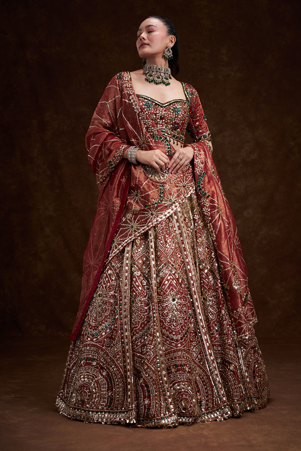 Red Tissue Silk Bridal Lehenga with Stone, Sequin, and Bead Work