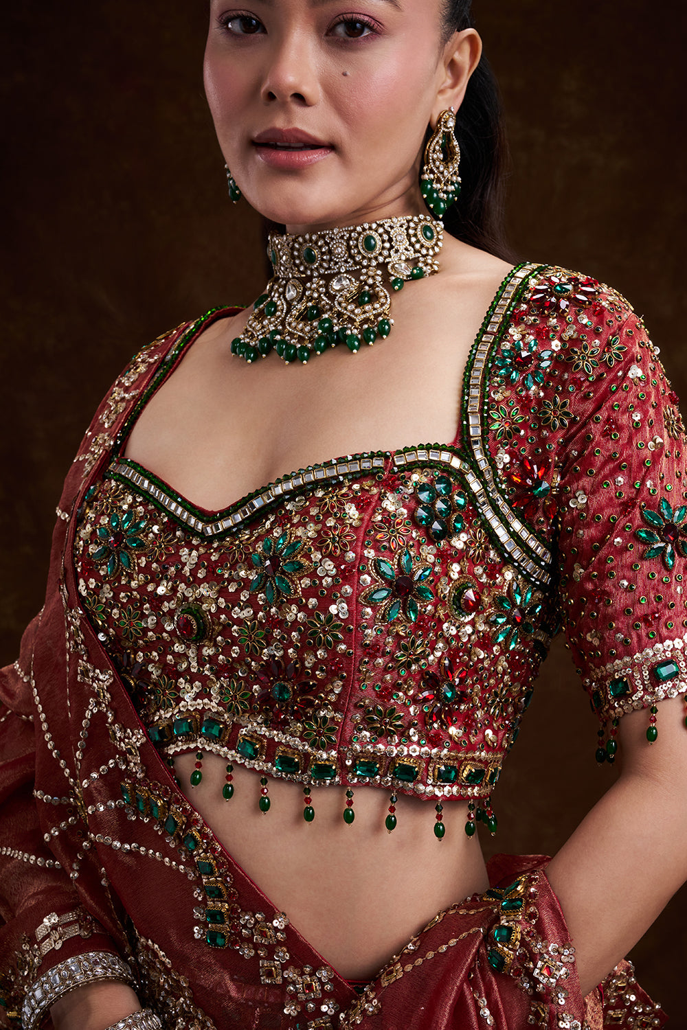 Red Tissue Silk Bridal Lehenga with Stone, Sequin, and Bead Work