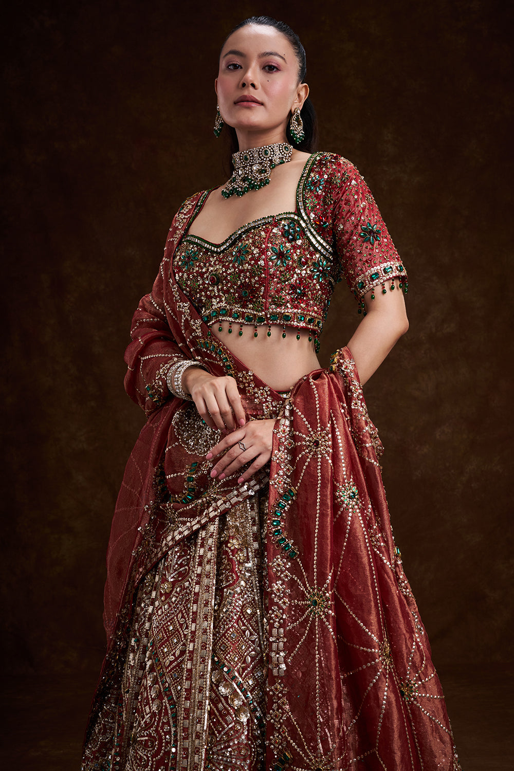 Red Tissue Silk Bridal Lehenga with Stone, Sequin, and Bead Work