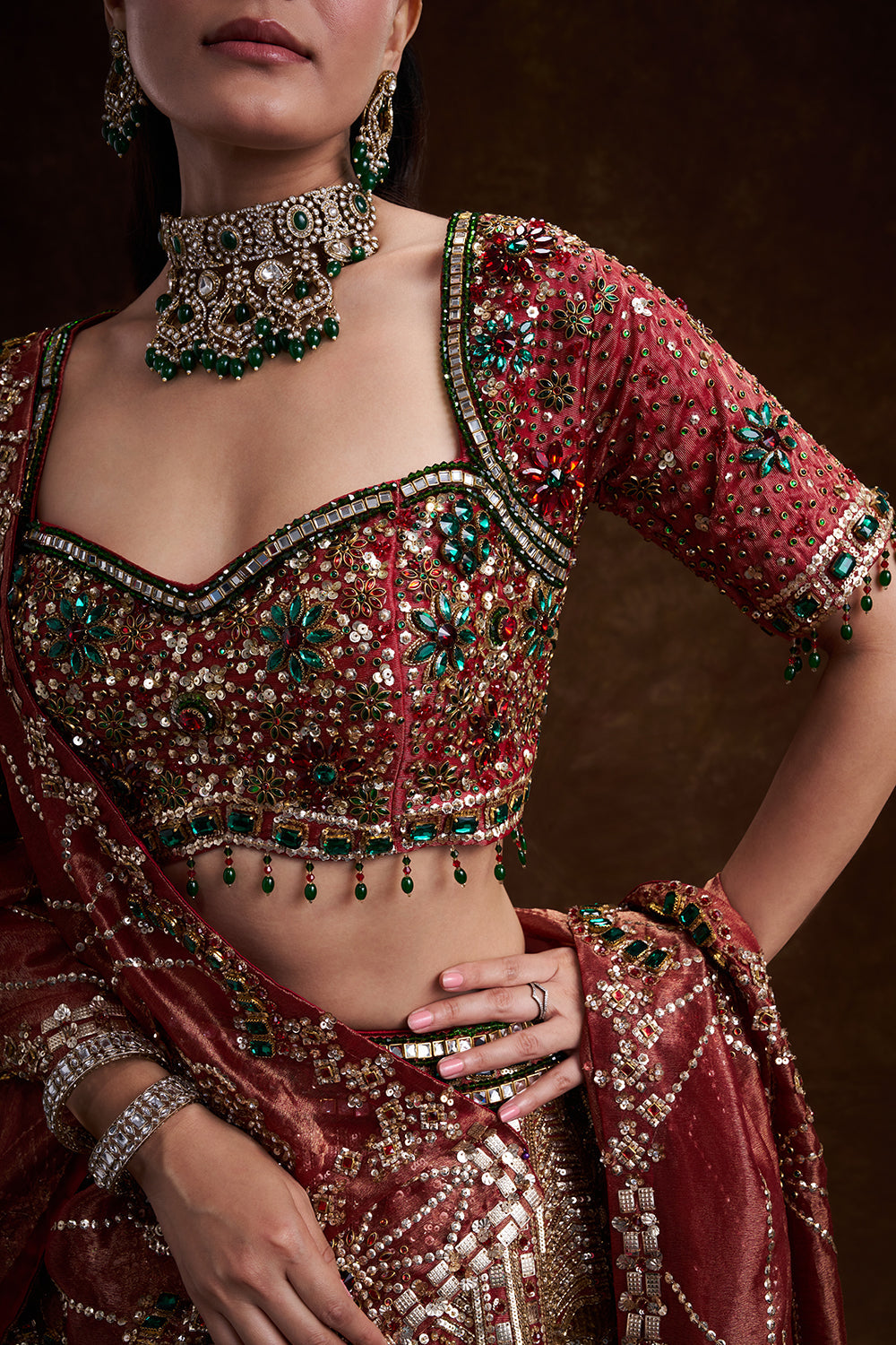 Red Tissue Silk Bridal Lehenga with Stone, Sequin, and Bead Work