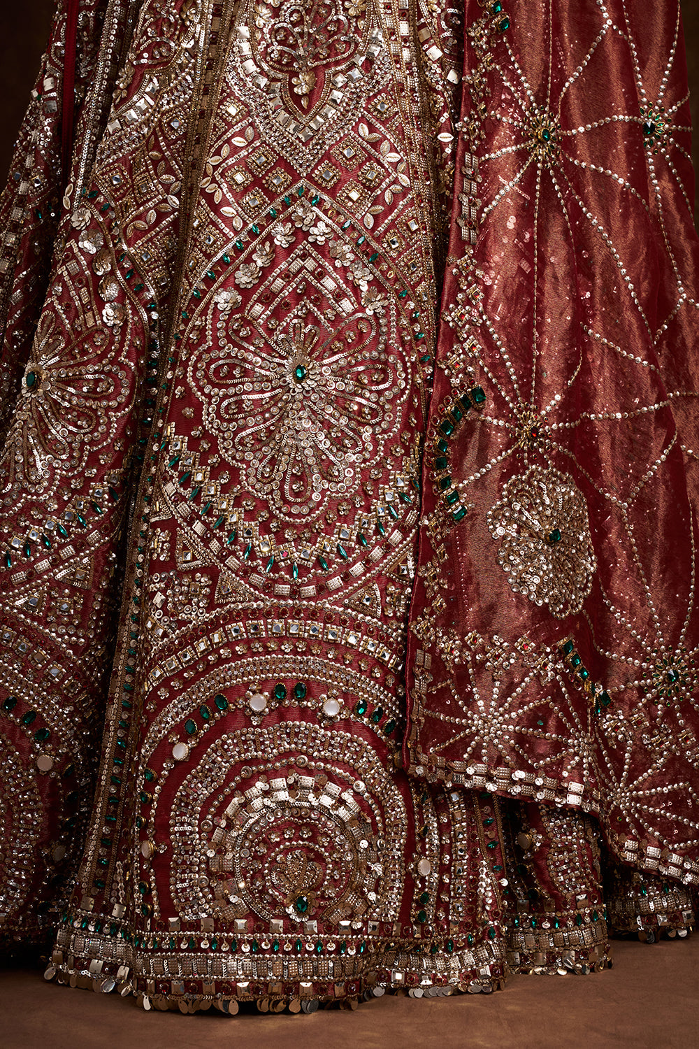 Red Tissue Silk Bridal Lehenga with Stone, Sequin, and Bead Work