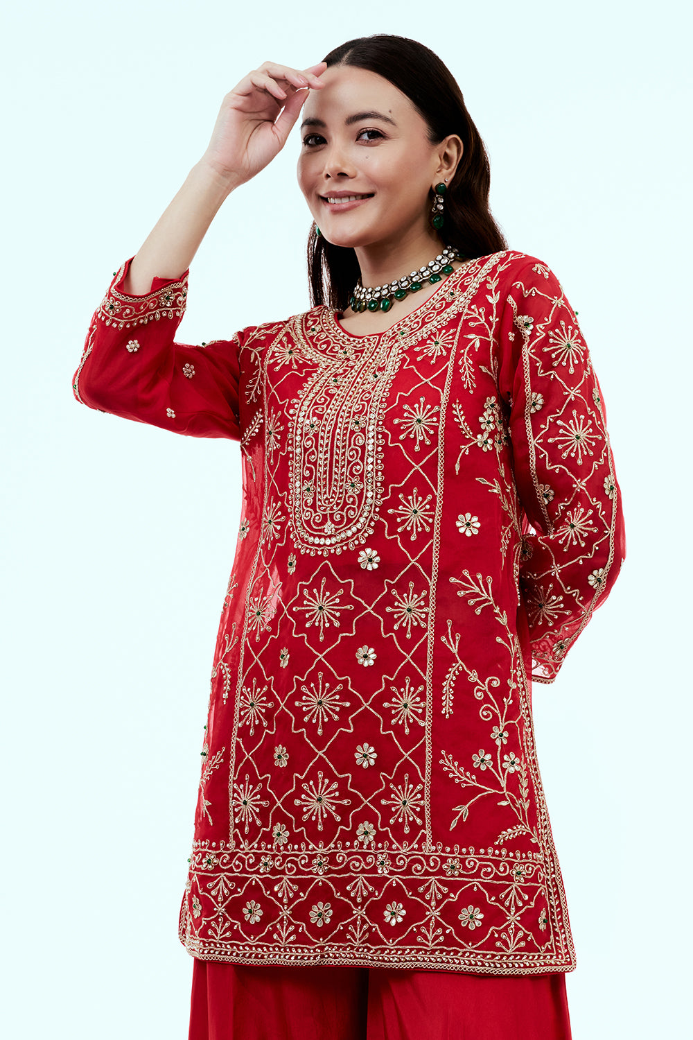 Red Uppada Silk Suit Set with Zardosi Work
