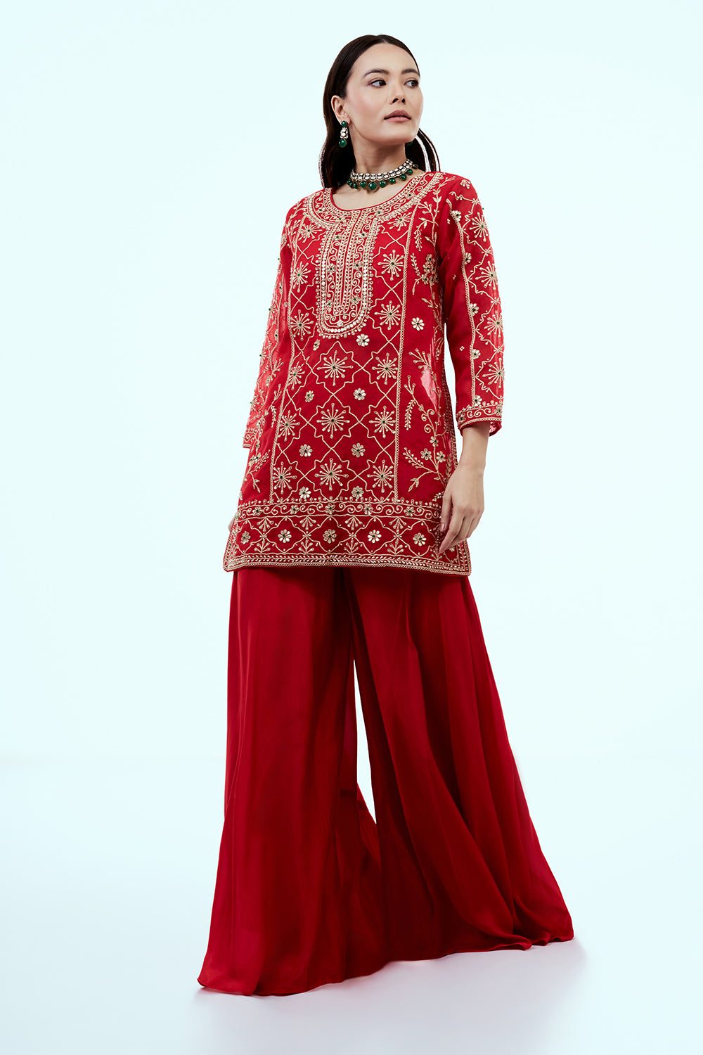 Red Uppada Silk Suit Set with Zardosi Work