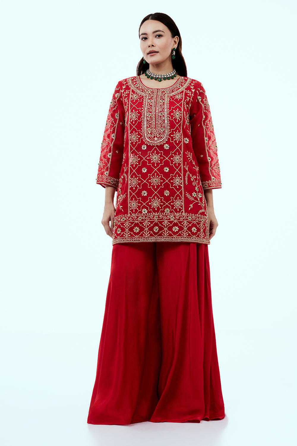 Red Uppada Silk Suit Set with Zardosi Work