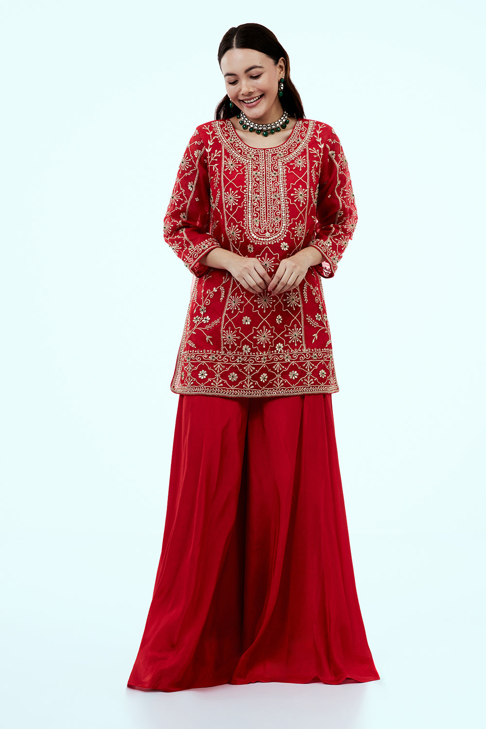 Red Uppada Silk Suit Set with Zardosi Work