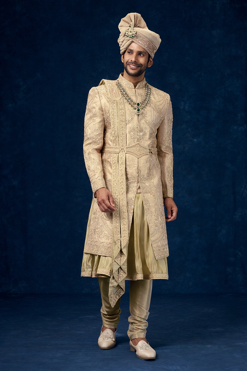Rose Gold Coloured Raw Silk Embroidered Groom Sherwani with Zardosi Handwork