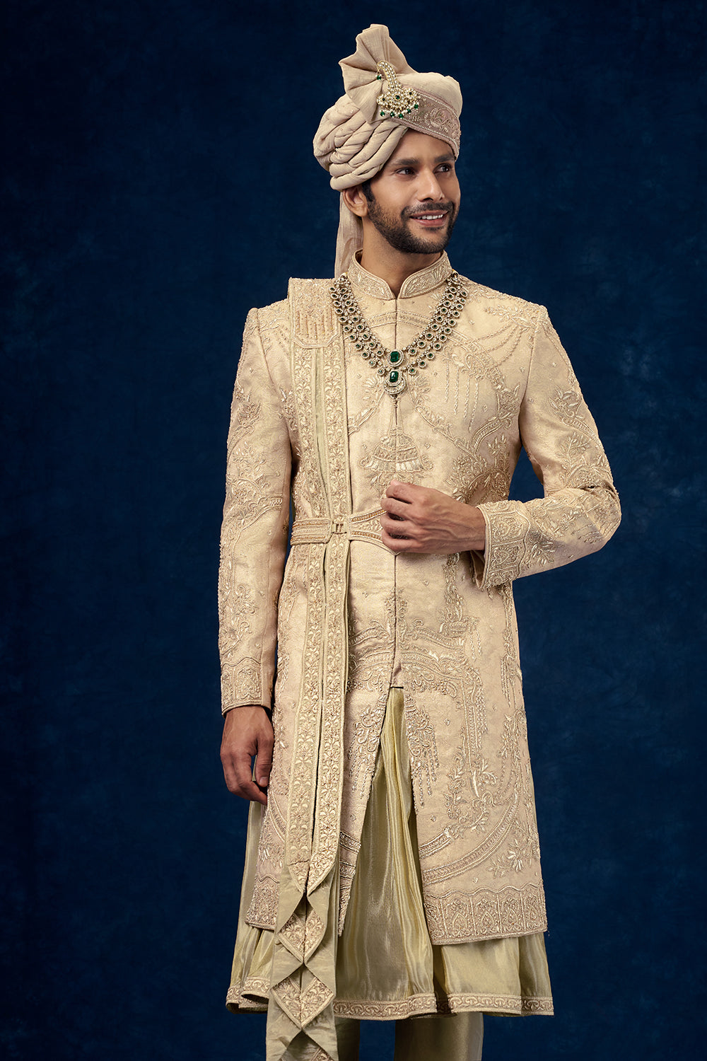 Rose Gold Coloured Raw Silk Embroidered Groom Sherwani with Zardosi Handwork