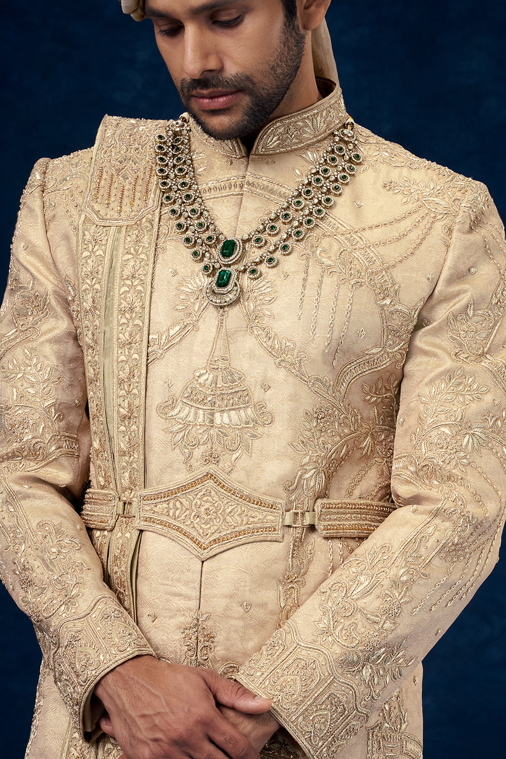 Rose Gold Coloured Raw Silk Embroidered Groom Sherwani with Zardosi Handwork