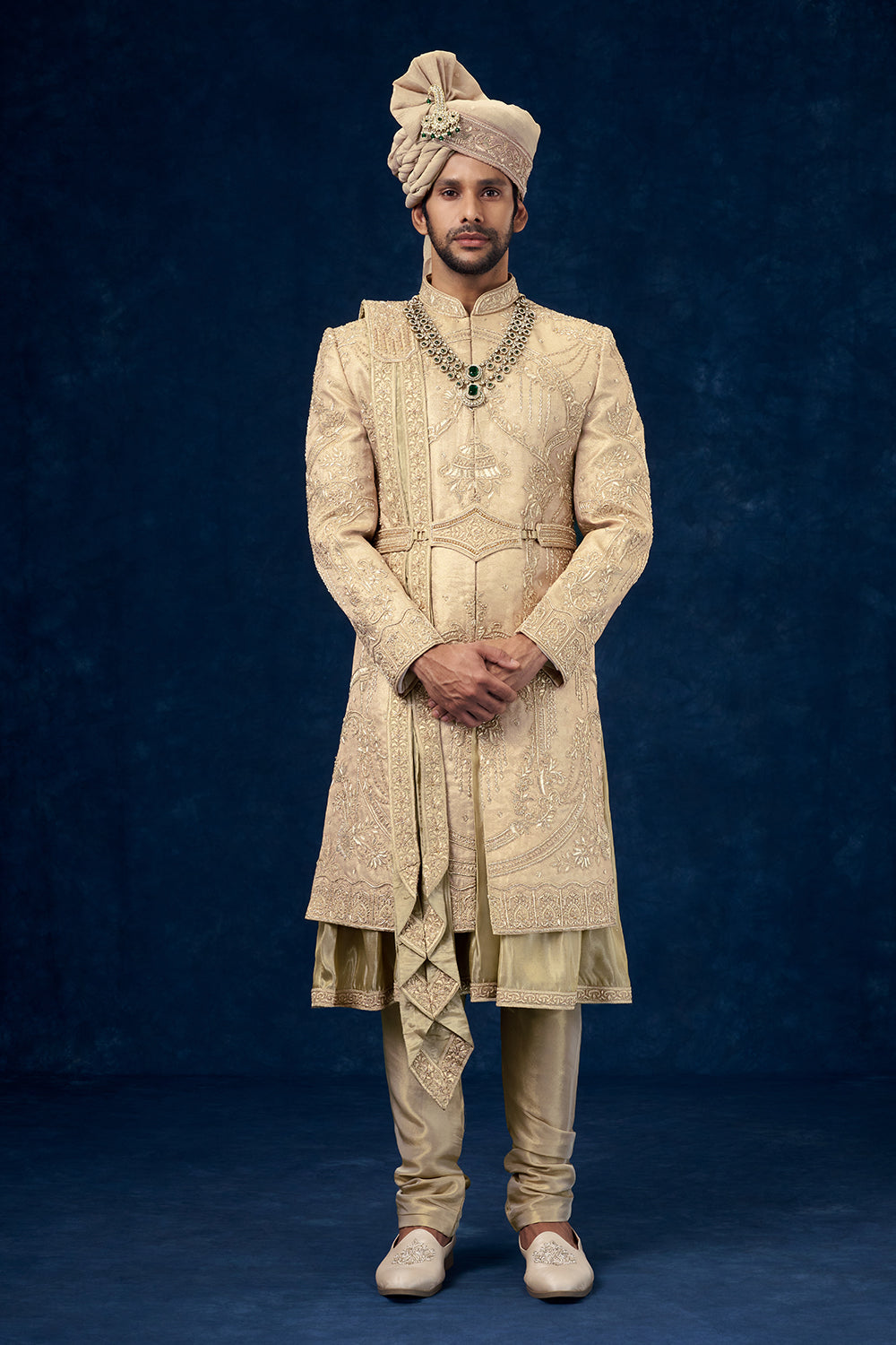 Rose Gold Coloured Raw Silk Embroidered Groom Sherwani with Zardosi Handwork
