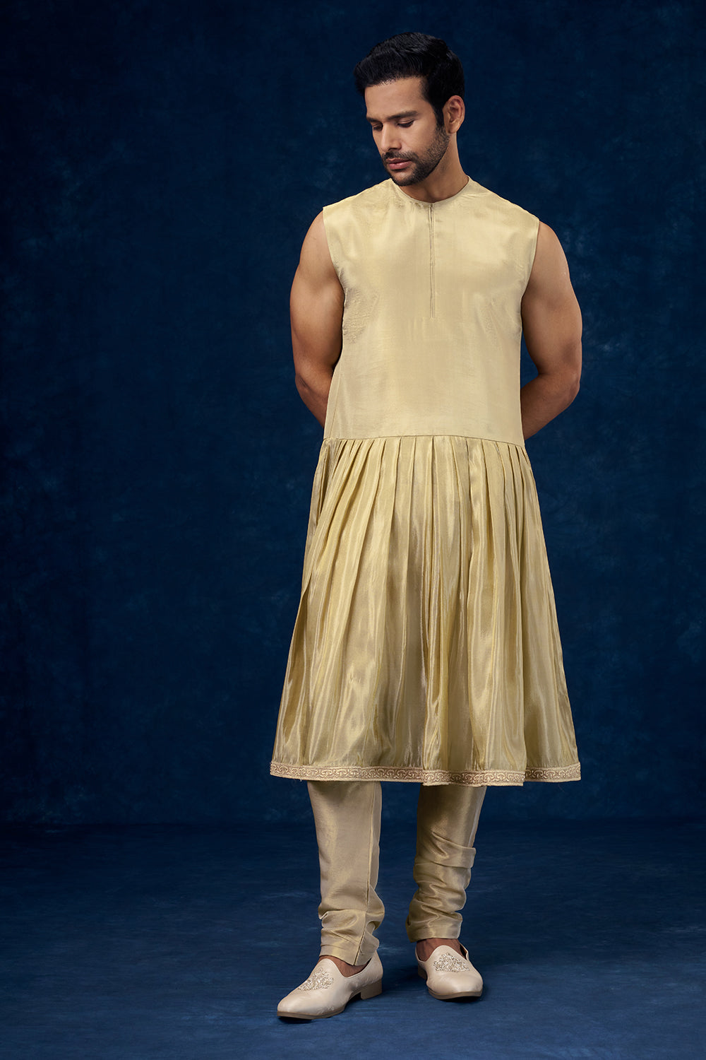 Rose Gold Coloured Raw Silk Embroidered Groom Sherwani with Zardosi Handwork