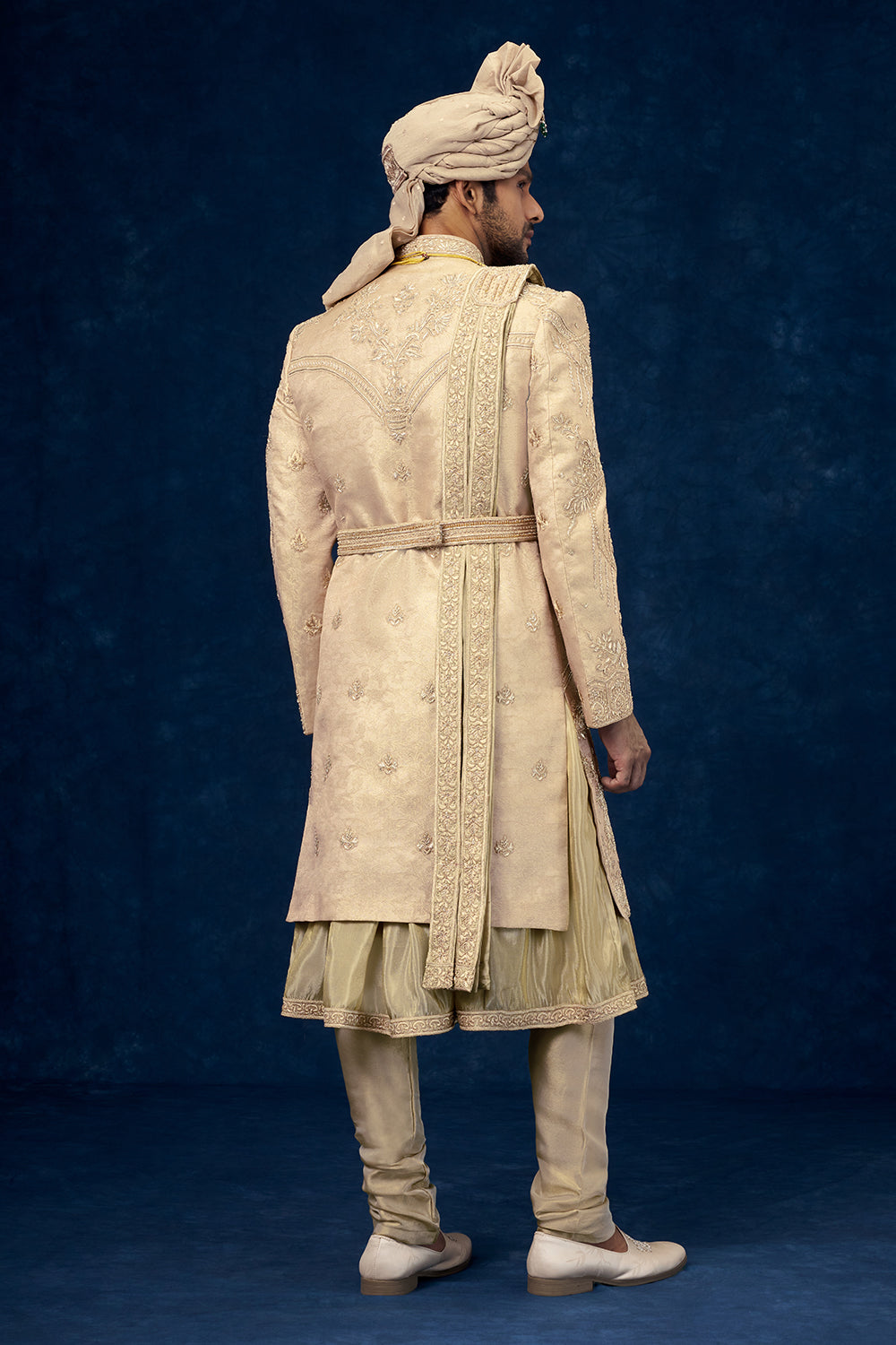 Rose Gold Coloured Raw Silk Embroidered Groom Sherwani with Zardosi Handwork